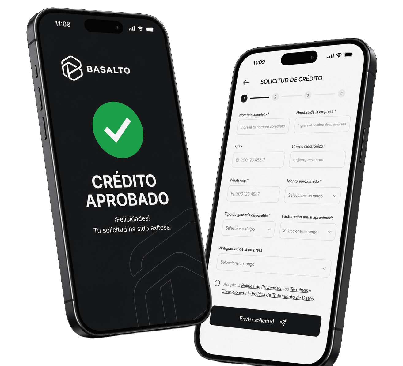 Aplicación móvil de Basalto Capital mostrando crédito aprobado y solicitud de crédito